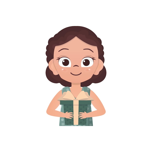 Happy girl holding a gift Drawing in cartoon style Vector