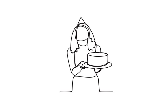 Vector a happy girl holding her birthday cake birthday party oneline drawing