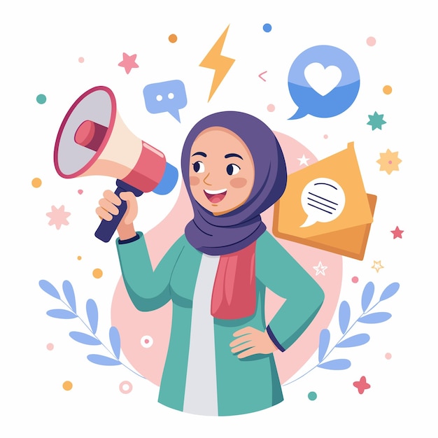 happy girl holding megaphone shouting loud calls customers 13