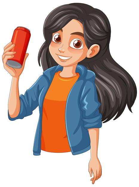 Vector happy girl holding a red can