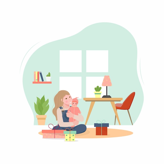 Happy girl hugging a doll in her room Vector Illustration of a Girl holding her Doll Girl sitting