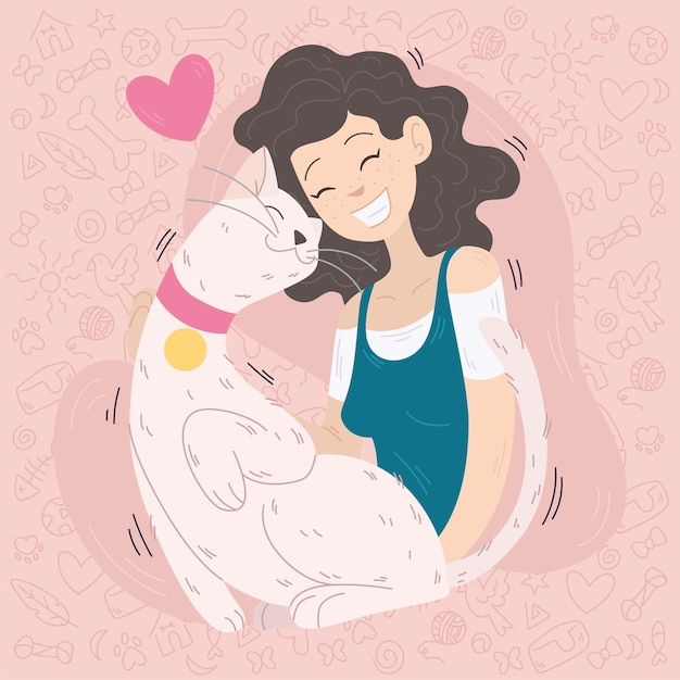 Happy girl hugging her cute cat Vector