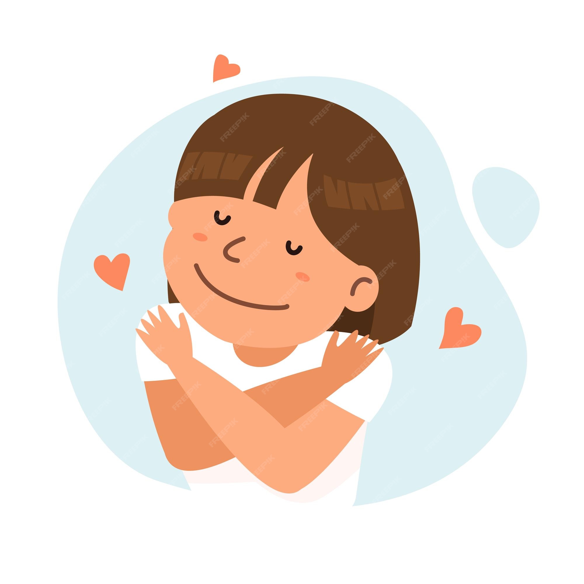  Premium Vector | Happy girl hugging herself with heart icons self care ...