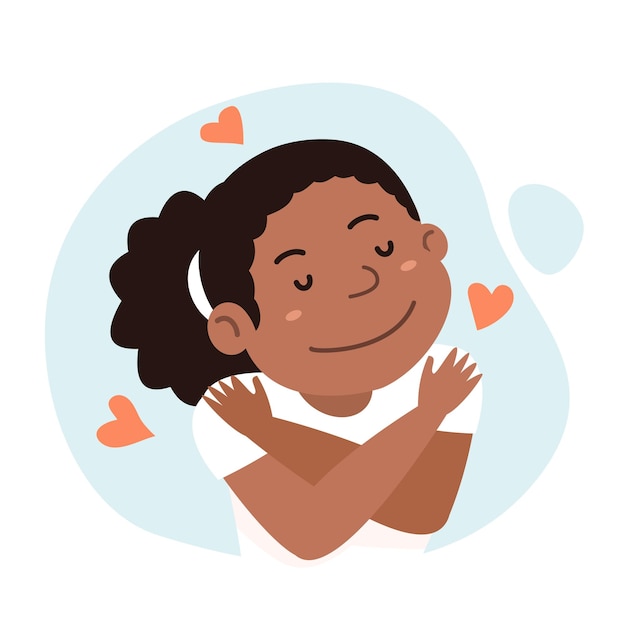 Vector happy girl hugging herself with heart icons self care self love