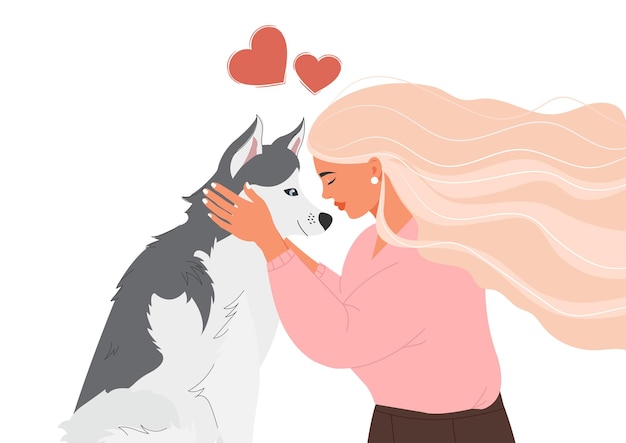 평평한 만화 스타일로 허스키 개를 껴안고 있는 행복한 소녀 애완 동물에 대한 사랑 개는 사람의 친구입니다
