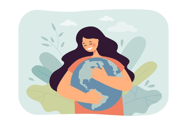 Happy girl hugging planet flat vector illustration. Woman taking care of earth and environment, thinking about its future. Ecology, love concept for banner, website design or landing web page