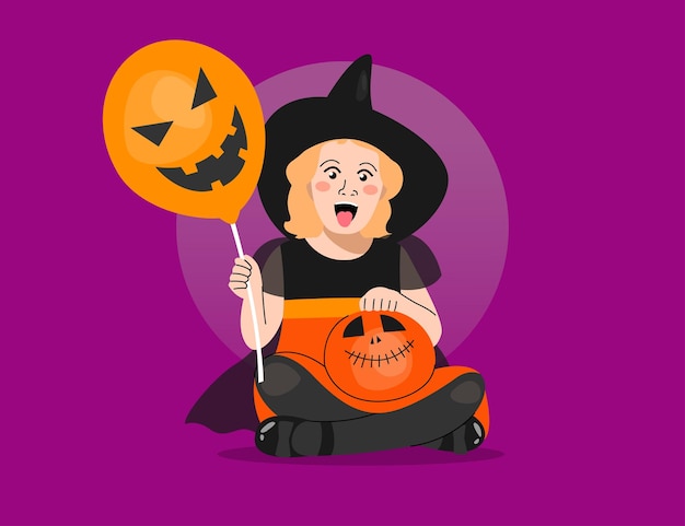 Vector happy girl is wearing halloween witch costume and holding an orange baloon