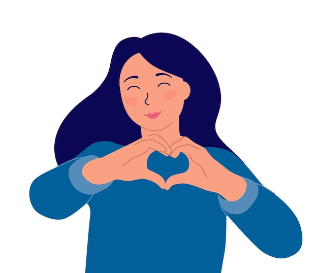 Vector happy girl joined her hands in the shape of a heart selflove psychology concept love