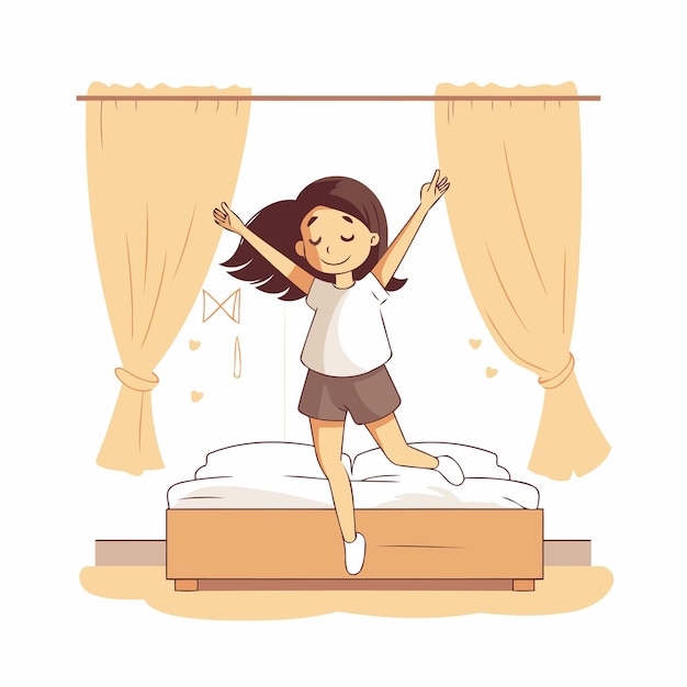 Вектор Счастливая девушка прыгает на кровать милая мультфильмная векторная иллюстрация