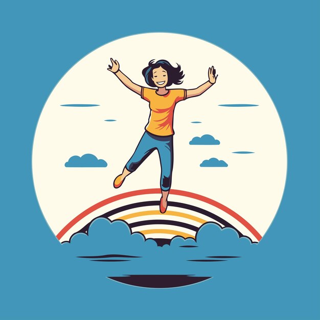 Vector happy girl jumping in the sky with rainbow vector illustration in cartoon style