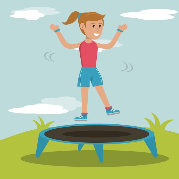 Vector happy girl jumping trampoline sport design