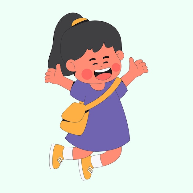Happy girl jumping with yellow sling bag cartoon illustration
