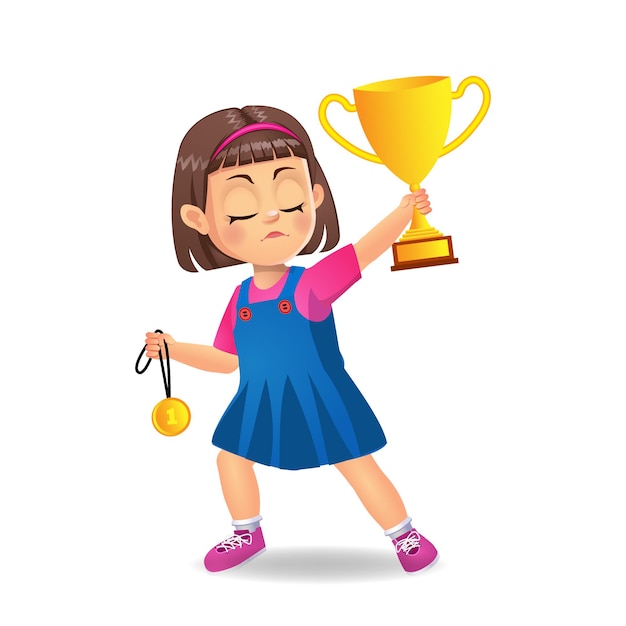 happy girl kid with trophy cup and medal 