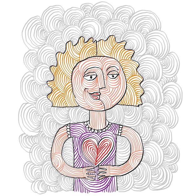 Vector happy girl in love conceptual illustration, woman smiling. people positive expressions. hand-drawn young lady with a heart symbol, kindness allegory.