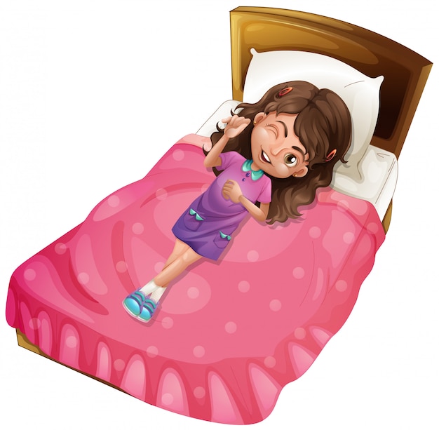 Vector happy girl lying on pink bed