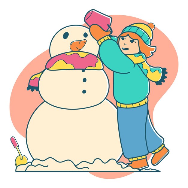 ベクトル ポップアートで雪だるまを作る幸せな女の子