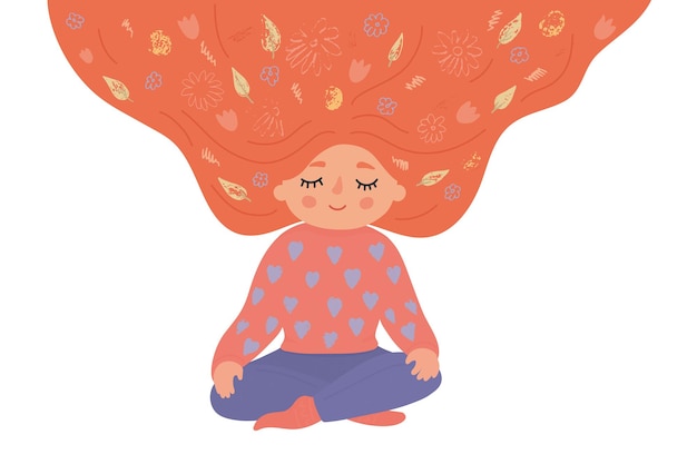 Happy girl meditating in lotus pose with loose ginger hair full of flowers Hand drawn cute yoga