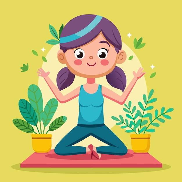 Vector happy girl meditating in lotus position with plants