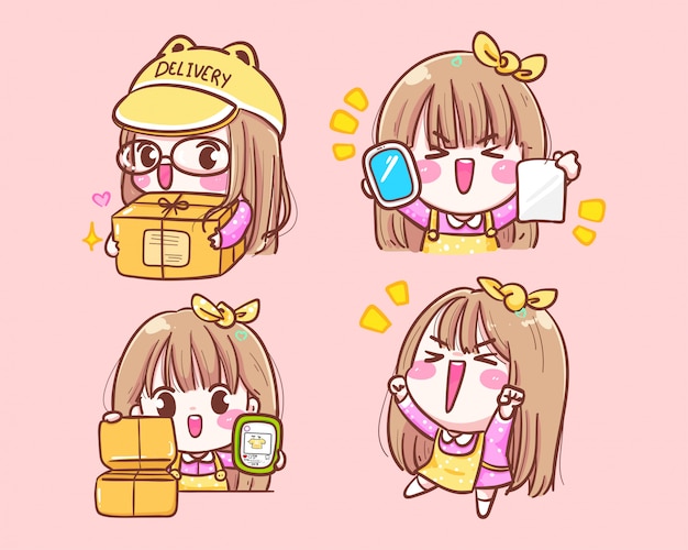 モバイルボックス配信でかわいいhappy少女商人オンラインショッピングアイコンロゴ手描きイラスト