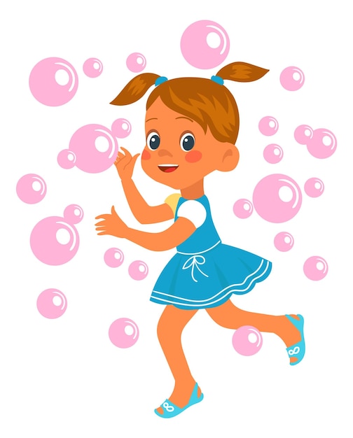 Happy girl in pink foam bubbles Kid game isolated on white background