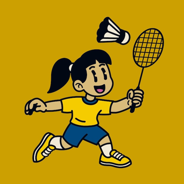 バドミントンをしている幸せな女の子の漫画