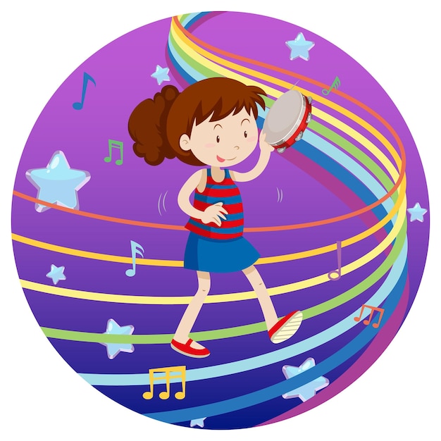 Счастливая девушка играет в бубен с радужной мелодией на синем и фиолетовом градиентном фоне