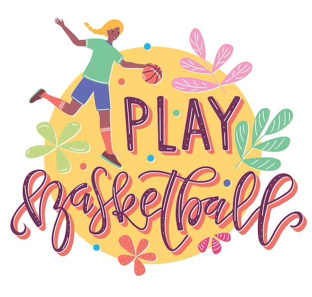 Happy girl plays basketball flat cartoon illustration with text