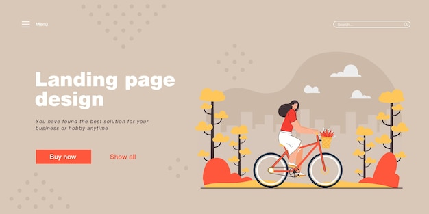 Happy girl riding bicycle at park landing page template