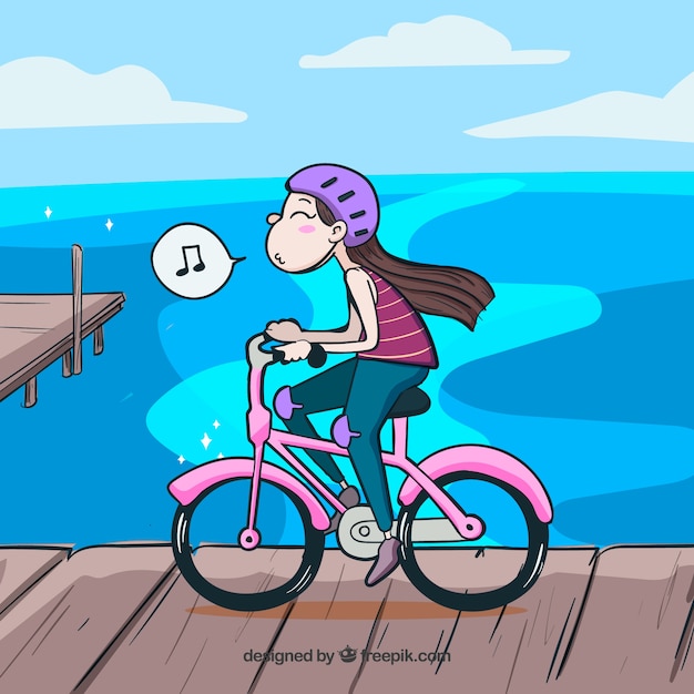 Happy girl riding bike and whistling