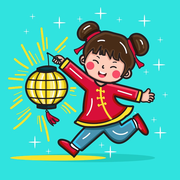 a happy girl running while bringing a yellow chinese lantern to celebrate chinese new year