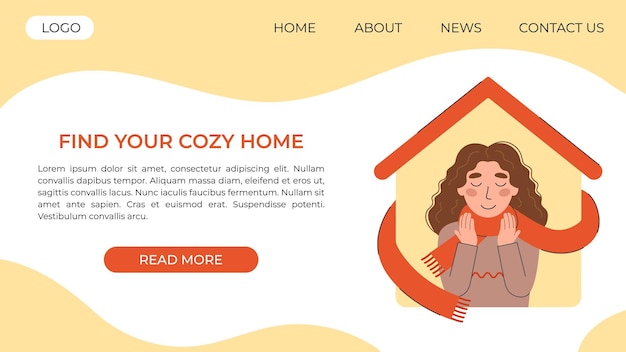 Happy girl in a scarf on the background of her house. landing page or website template