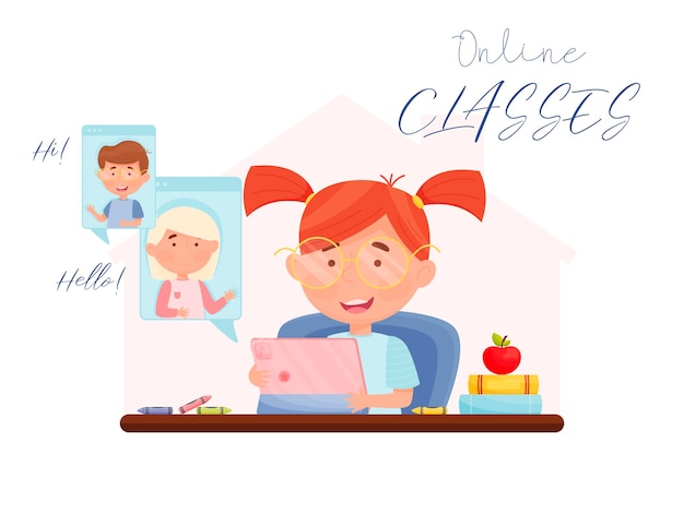 Happy girl during school chat video conference Remote learning concept vector illustration