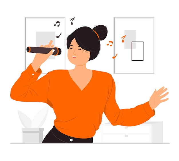 Vector happy girl singing with microphone illustration