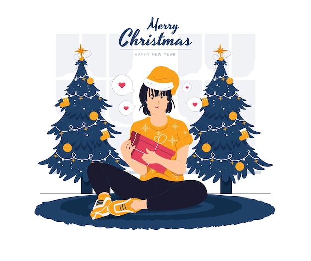 벡터 행복한 소녀가 앉아서 선물을 들고, 현재 크리스마스 새해 개념 삽화를 축하합니다.