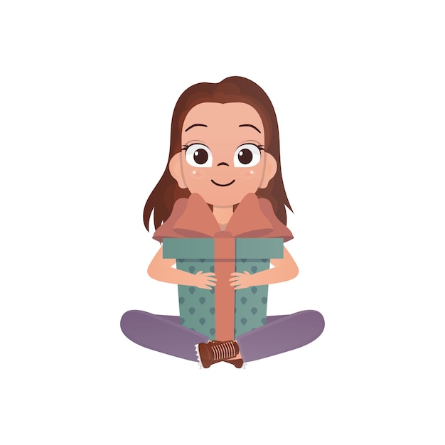 A happy girl sits in a lotus position and holds a gift box in her hands isolated on white background vector illustration