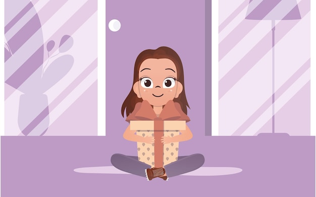 A happy girl sits in a lotus position and holds a gift box in her hands Vector
