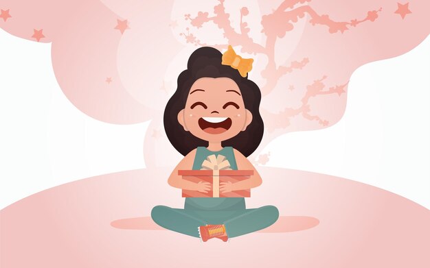 A happy girl sits in a lotus position with a gift in her hands Vector illustration