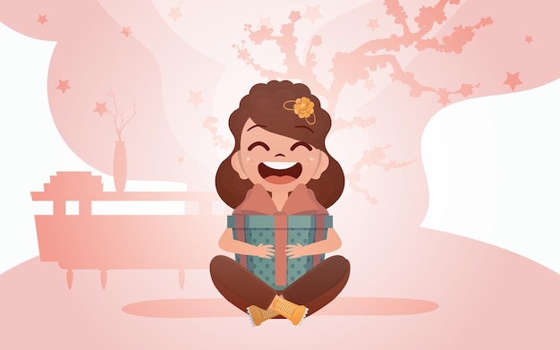 A happy girl sits in a lotus position with a gift in her hands Vector