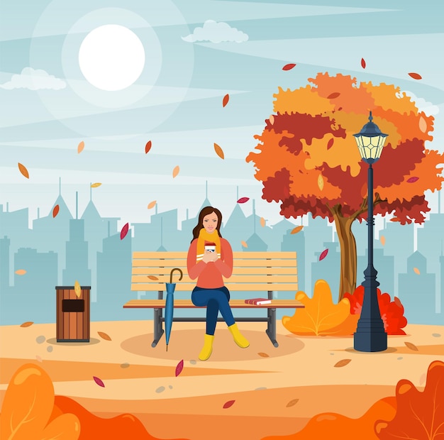 Vector happy girl sitting on a bench with a cup of coffee