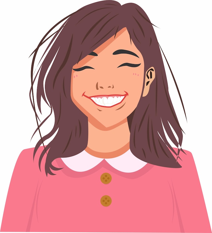 Vector happy girl smiling and showing her teeth in a pink dress