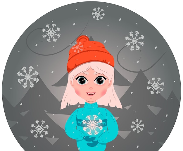 Vettore ragazza felice, fiocco di neve, buon natale, immagine vettoriale, illustrazione