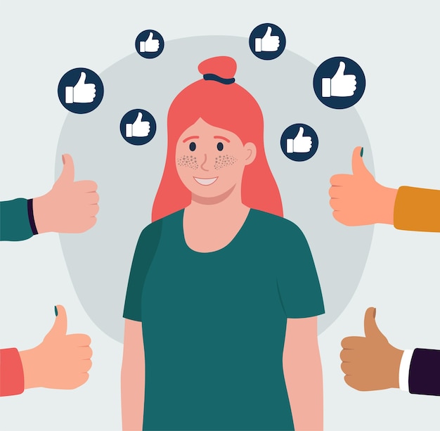 Happy Girl Surrounded By Thumbs Up Mental Health Applause Concept Vector Illustration In Flat Style