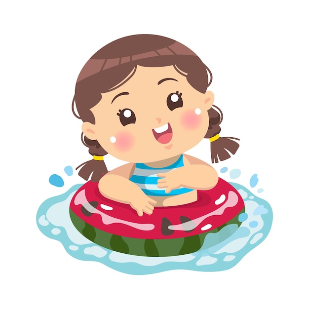 Happy girl swimming with Watermelon Swimming Ring