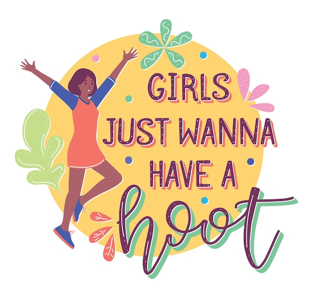 Vector happy girl and text vector illustration in flat cartoon stile