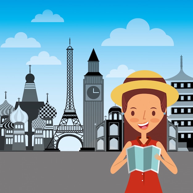 Vector happy girl traveler holding folded map and landmark of world