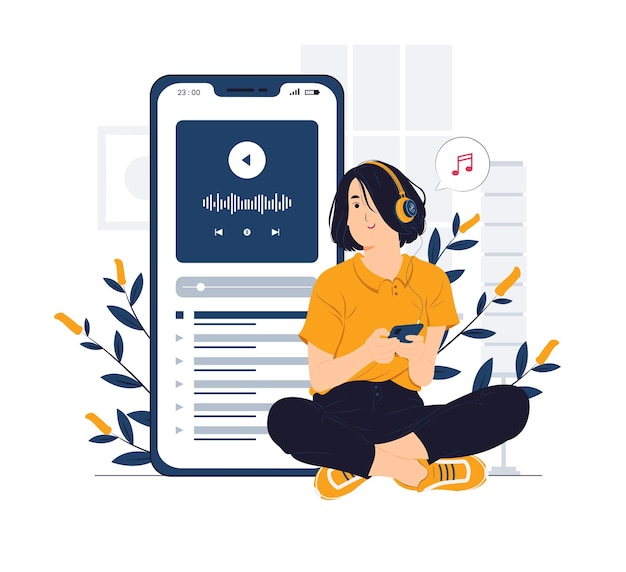 Vector happy girl wearing headphones, enjoying play list, listening to music on mobile phone, singing songs concept illustrations