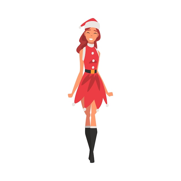 Happy Girl Wearing Red Santa Claus Dress and Hat Young Woman in Elegant Christmas Clothes Vector Illustration