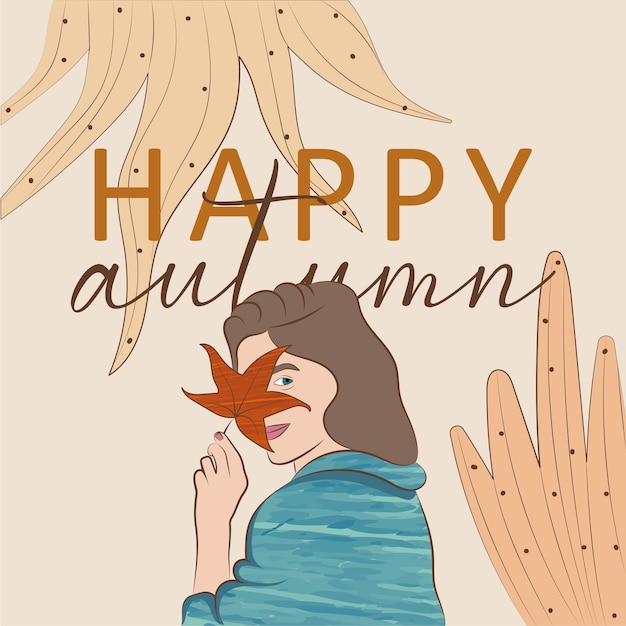 Happy girl with an autumn leaf happy autumn background vector illustration