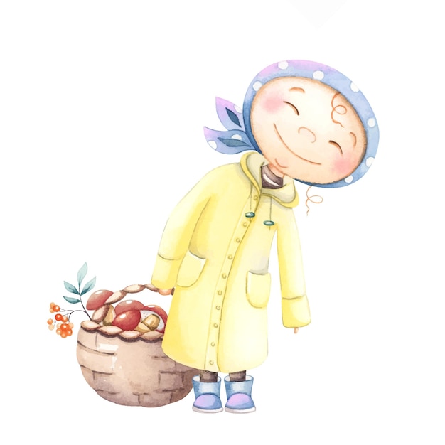 Happy girl with a basket of mushrooms watercolor illustration