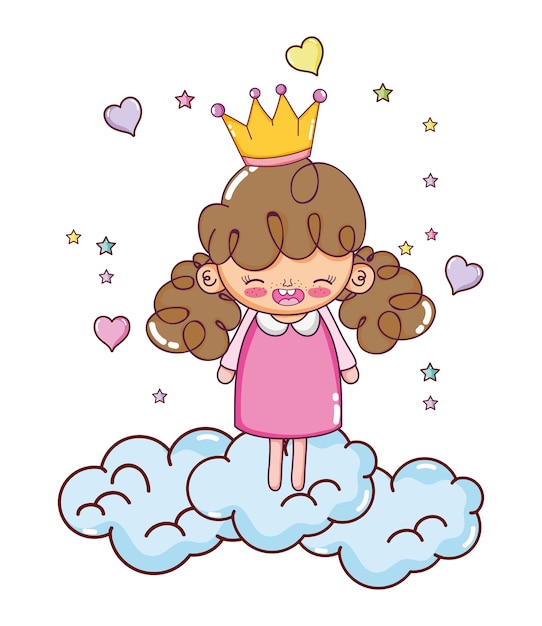 Happy girl with crown in the clouds and hearts